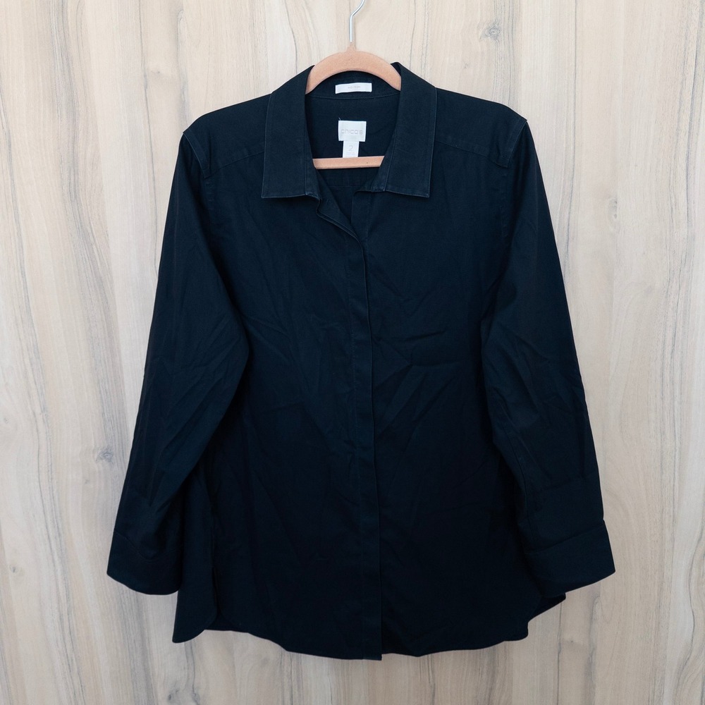 Chico's Button Down Long Sleeve Shirt L Black No-Iron Classic Career Office